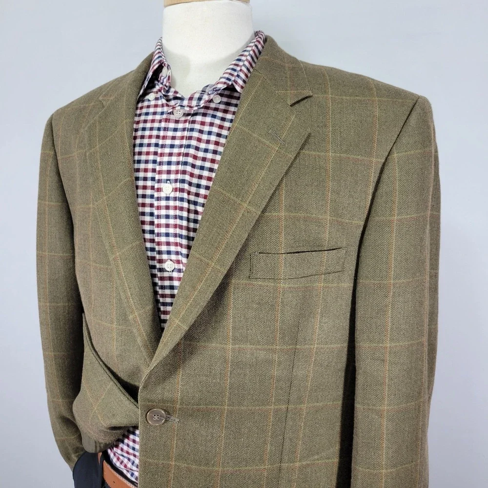 Tasso Elba Men's Sport Coat Blazer Two Button Olive Plaid Silk‎ Camel hair 42L